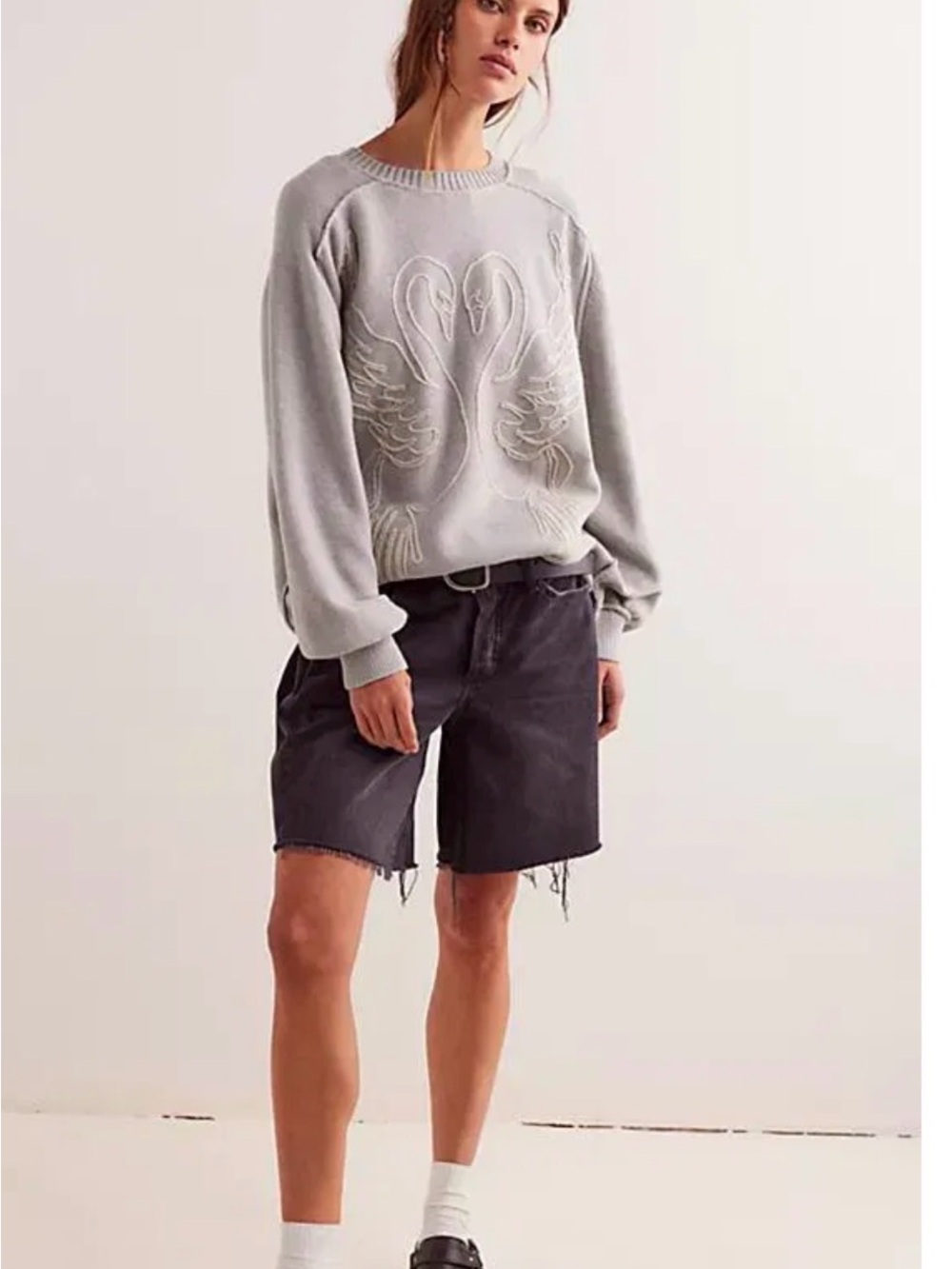 We The Free Grey Crewneck Sweater with Swan Embroidery - Picture 2 of 9